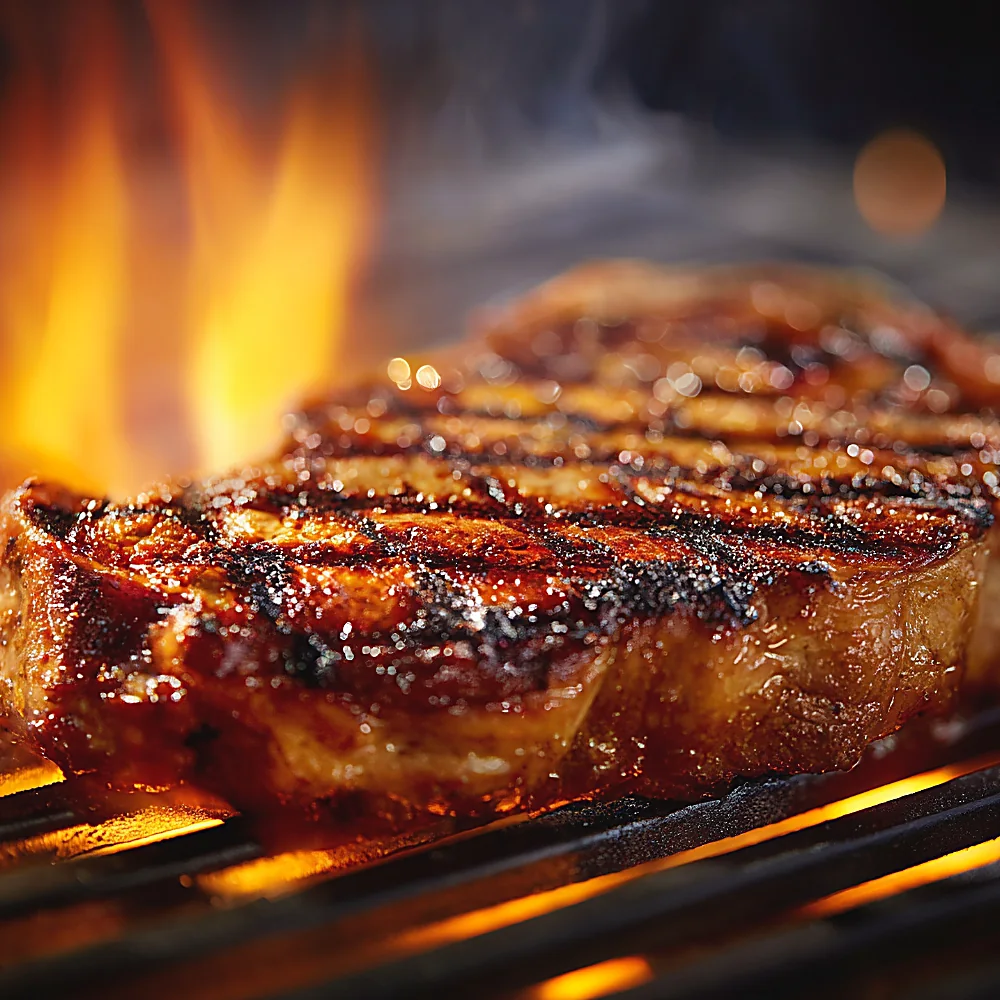 Bistecca sulla griglia con le fiamme della brace